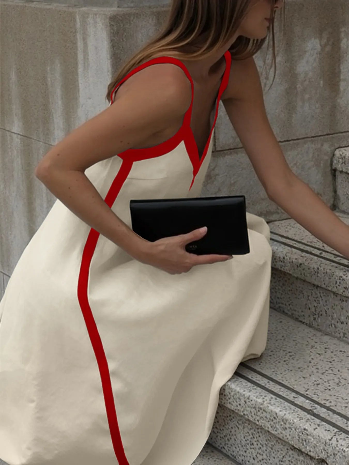 Contrast Trim V - Neck Maxi Dress - eighttwentytwo92