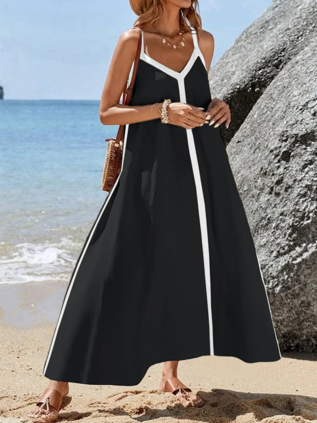 Contrast Trim V - Neck Maxi Dress - eighttwentytwo92