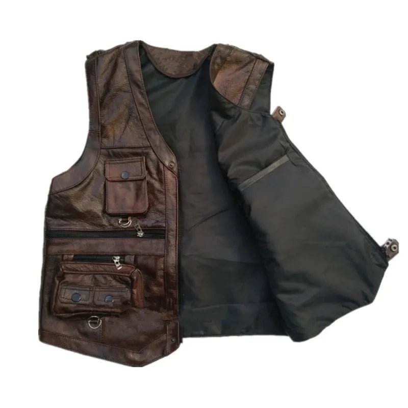 Cowhide Genuine Leather Vest Men Brown Waistcoat Male Sleeveless Jacket Thick High Quality Motorcycle Vest Multi Pocket Zipper - eighttwentytwo92