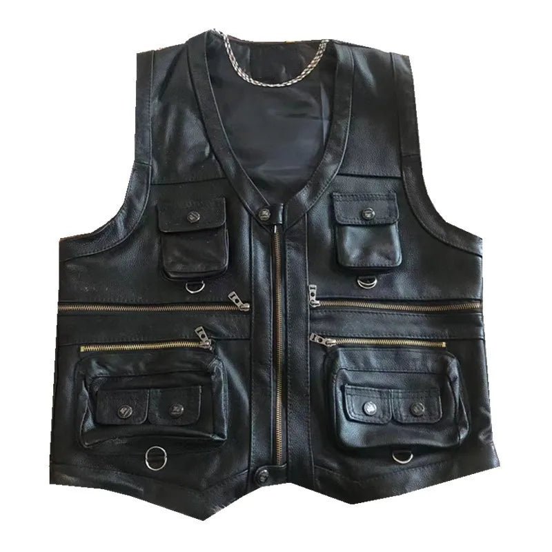 Cowhide Genuine Leather Vest Men Brown Waistcoat Male Sleeveless Jacket Thick High Quality Motorcycle Vest Multi Pocket Zipper - eighttwentytwo92