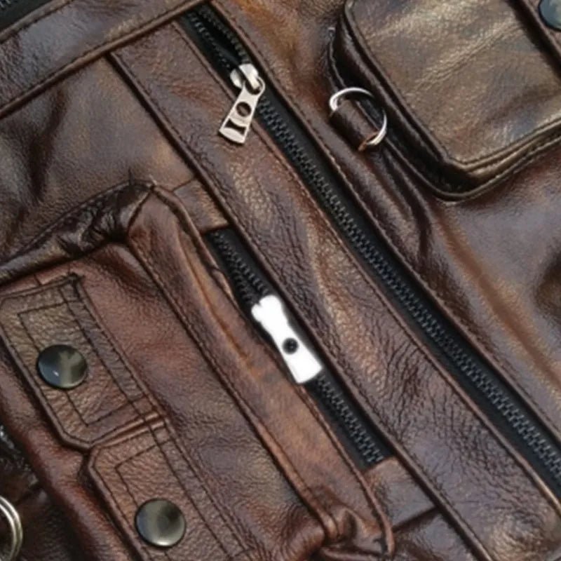Cowhide Genuine Leather Vest Men Brown Waistcoat Male Sleeveless Jacket Thick High Quality Motorcycle Vest Multi Pocket Zipper - eighttwentytwo92