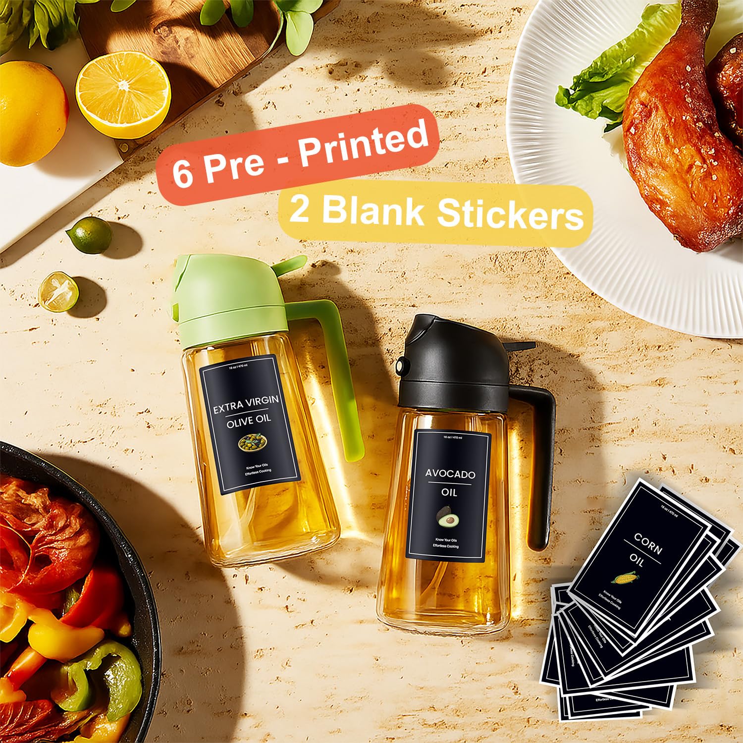 CXINYI - 16oz/470ml Olive Oil Dispenser for Kitchen with Stickers - 2 in 1 Olive Oil Sprayer for Cooking, Air Fryer, and Salad, Black (Light - Proof Kitchen Gadget) - eighttwentytwo92