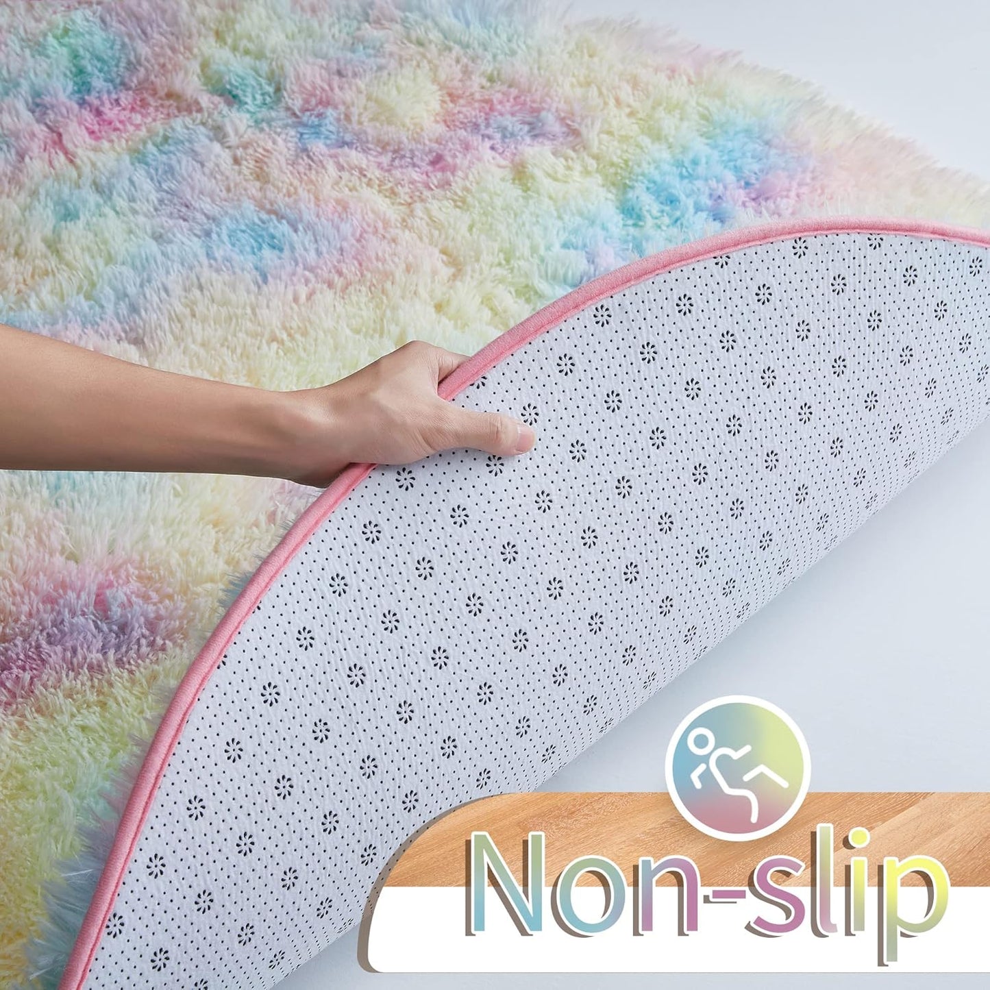 round Rainbow Rug, 4Ft Fluffy Shag Fuzzy Soft Circular Rug for Bedroom, Nursery, Kids Room, Indoor Plush Shaggy Furry Home Decor