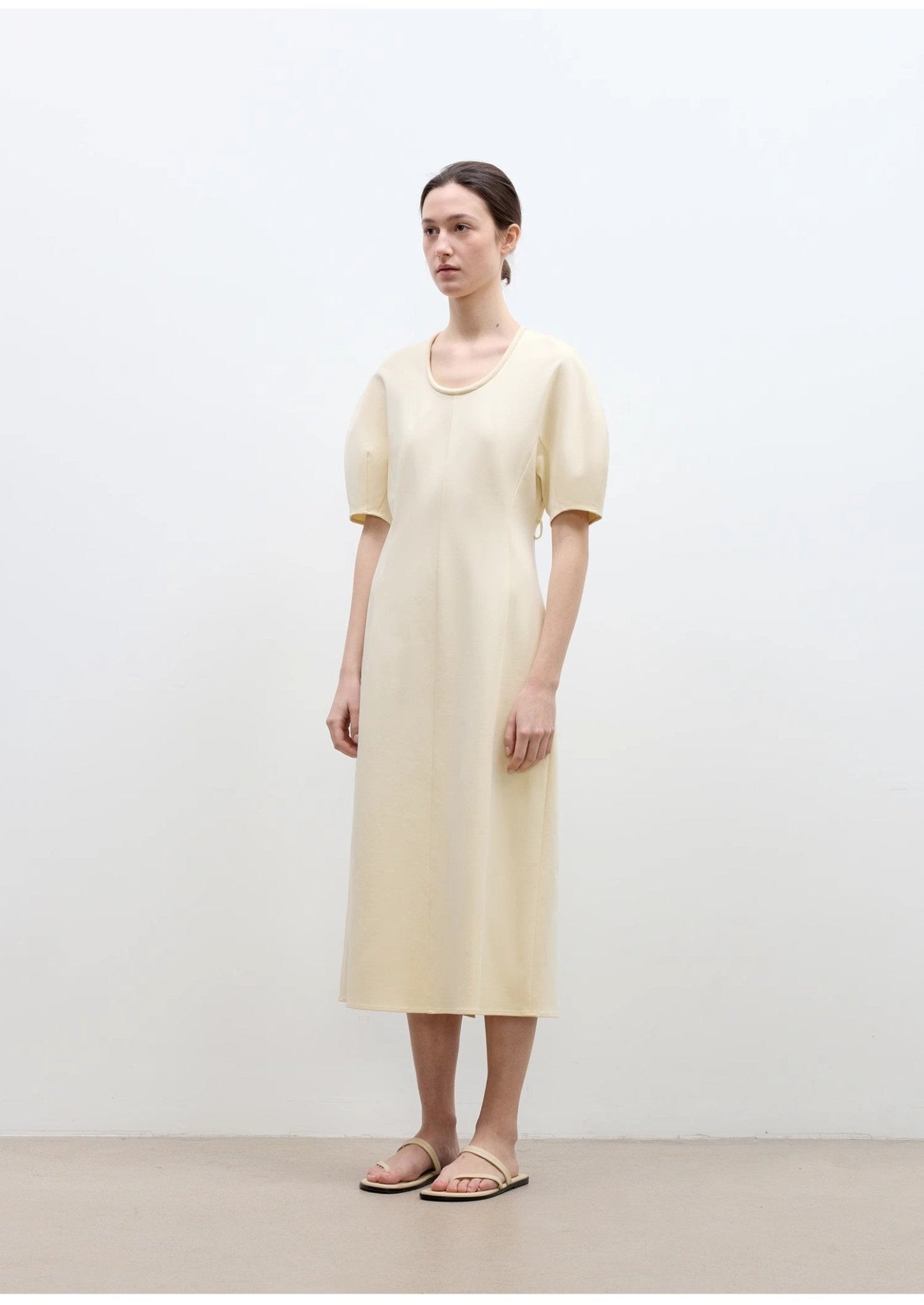 Elegant Cream Midi Dress with Short Sleeves | Minimal Everyday Style - eighttwentytwo92