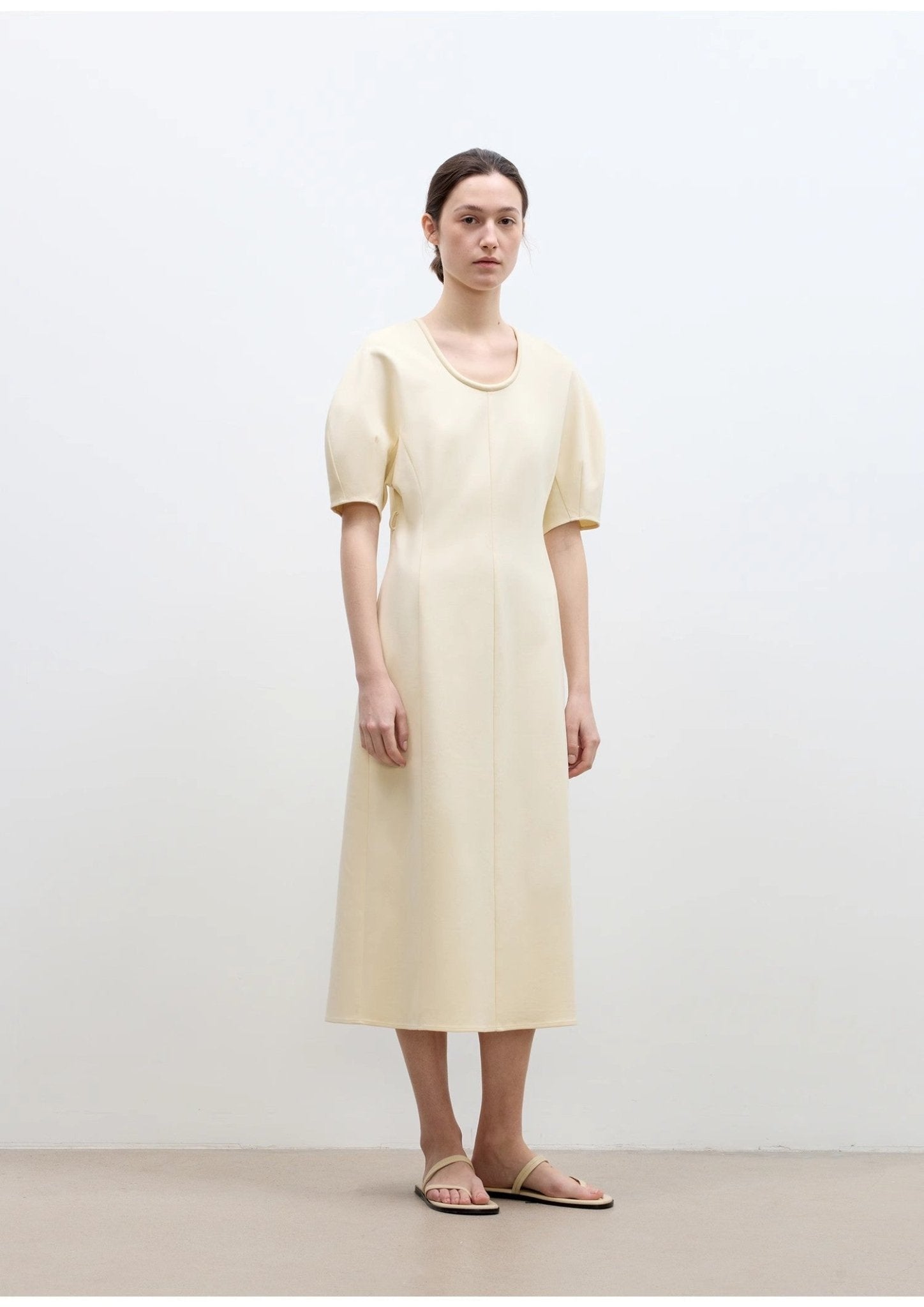 Elegant Cream Midi Dress with Short Sleeves | Minimal Everyday Style - eighttwentytwo92