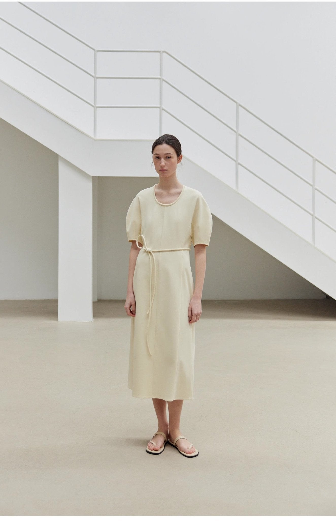 Elegant Cream Midi Dress with Short Sleeves | Minimal Everyday Style - eighttwentytwo92
