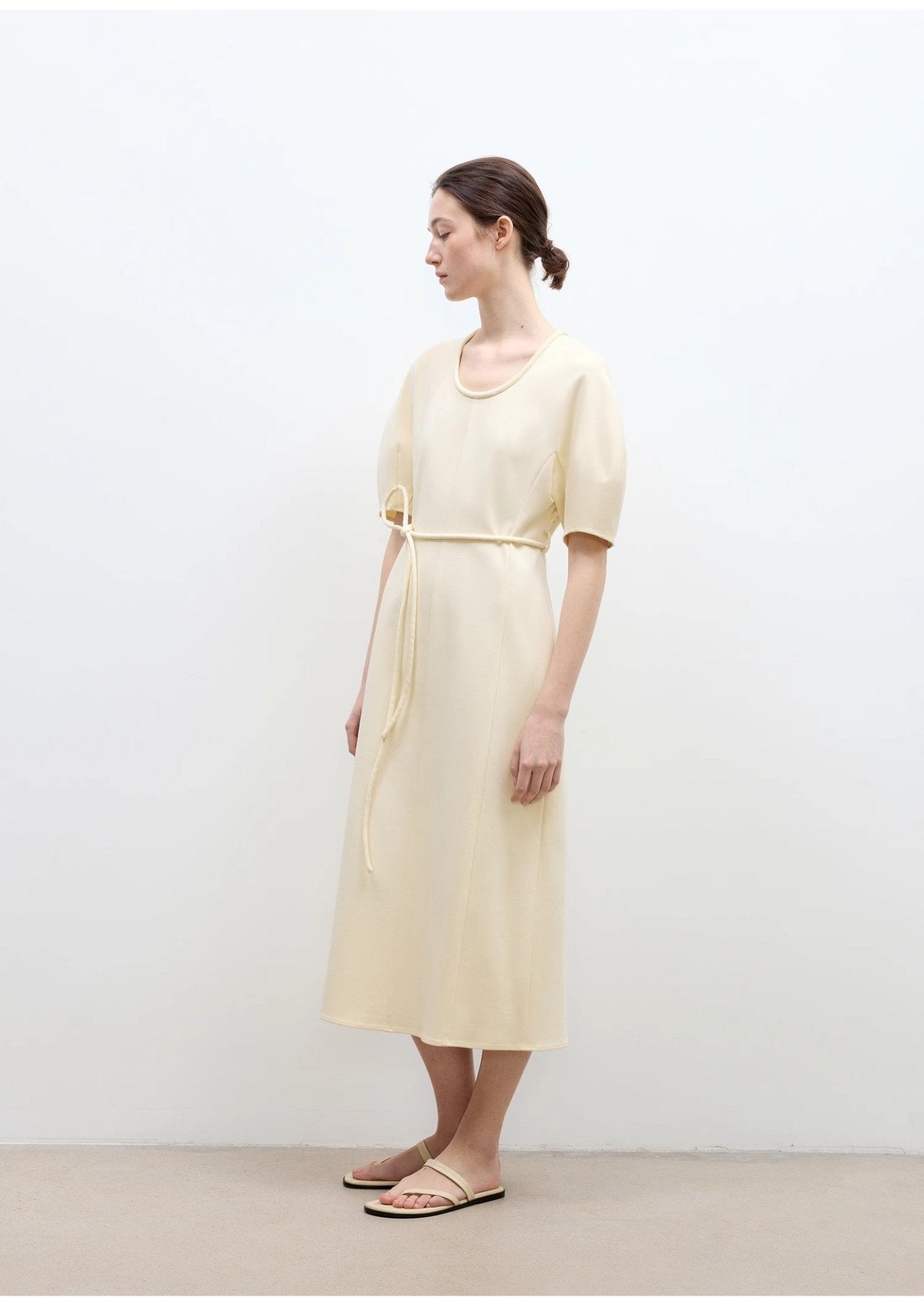 Elegant Cream Midi Dress with Short Sleeves | Minimal Everyday Style - eighttwentytwo92