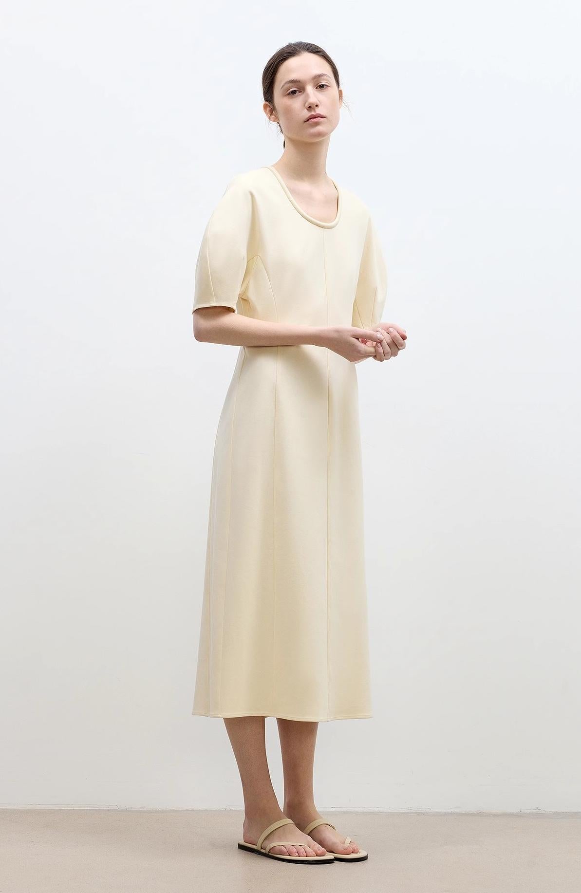 Elegant Cream Midi Dress with Short Sleeves | Minimal Everyday Style - eighttwentytwo92