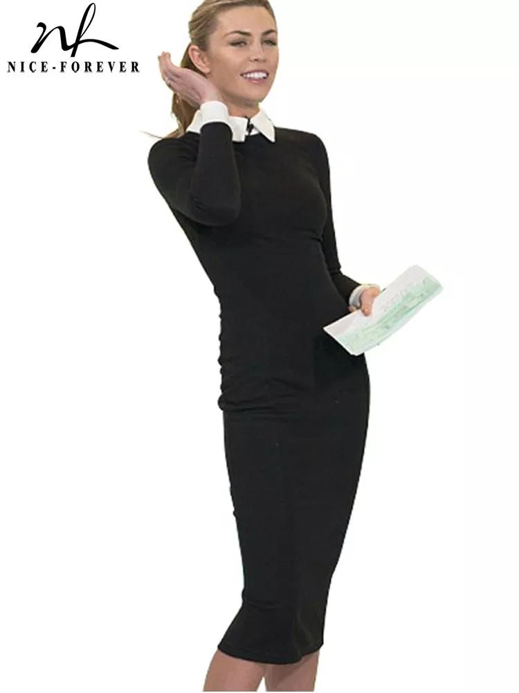 Elegant Turn - Down Collar Pencil Midi Dress for Women | Contrast Cuff Style - eighttwentytwo92