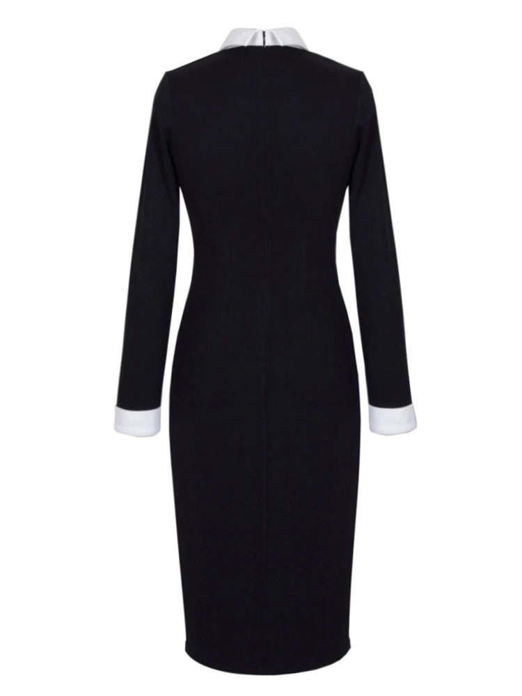 Elegant Turn - Down Collar Pencil Midi Dress for Women | Contrast Cuff Style - eighttwentytwo92