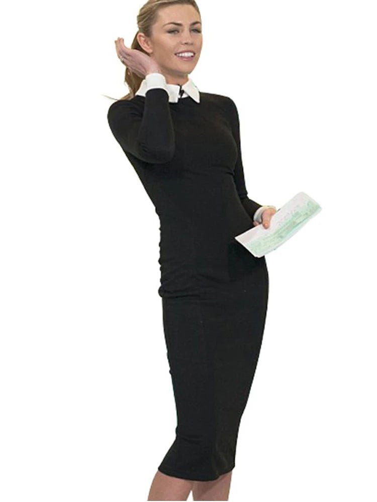 Elegant Turn - Down Collar Pencil Midi Dress for Women | Contrast Cuff Style - eighttwentytwo92
