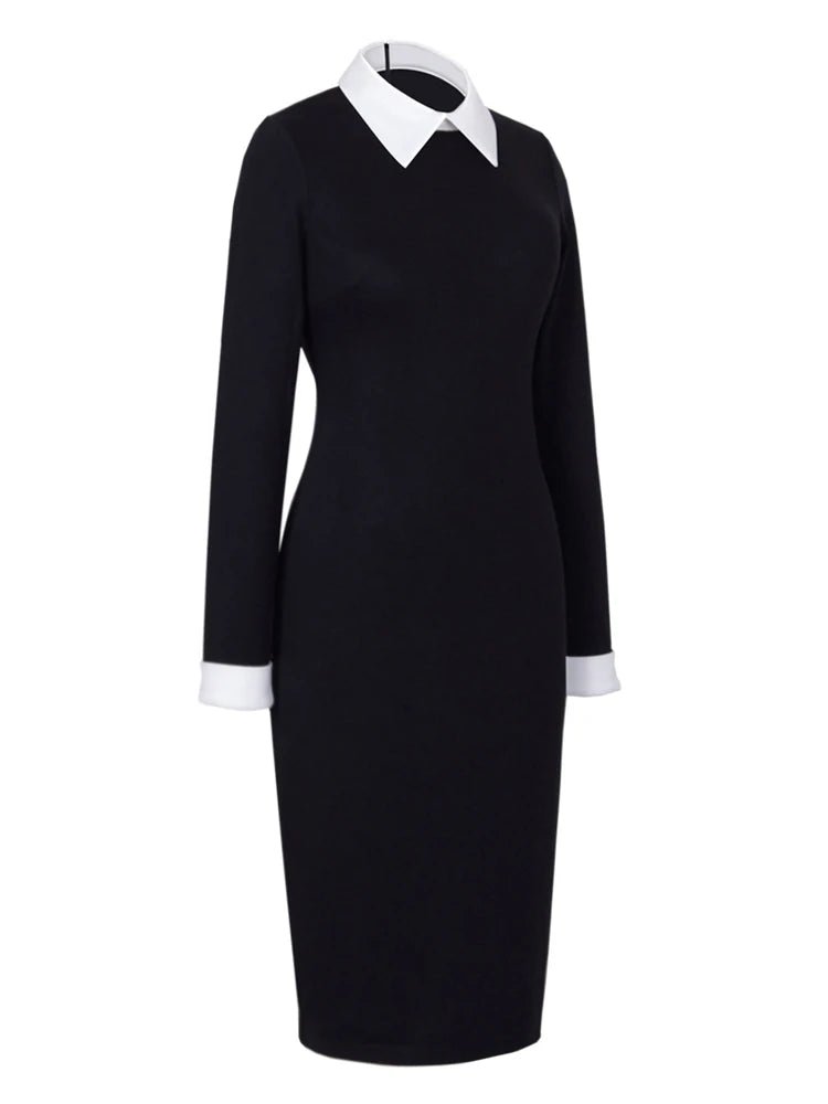 Elegant Turn - Down Collar Pencil Midi Dress for Women | Contrast Cuff Style - eighttwentytwo92
