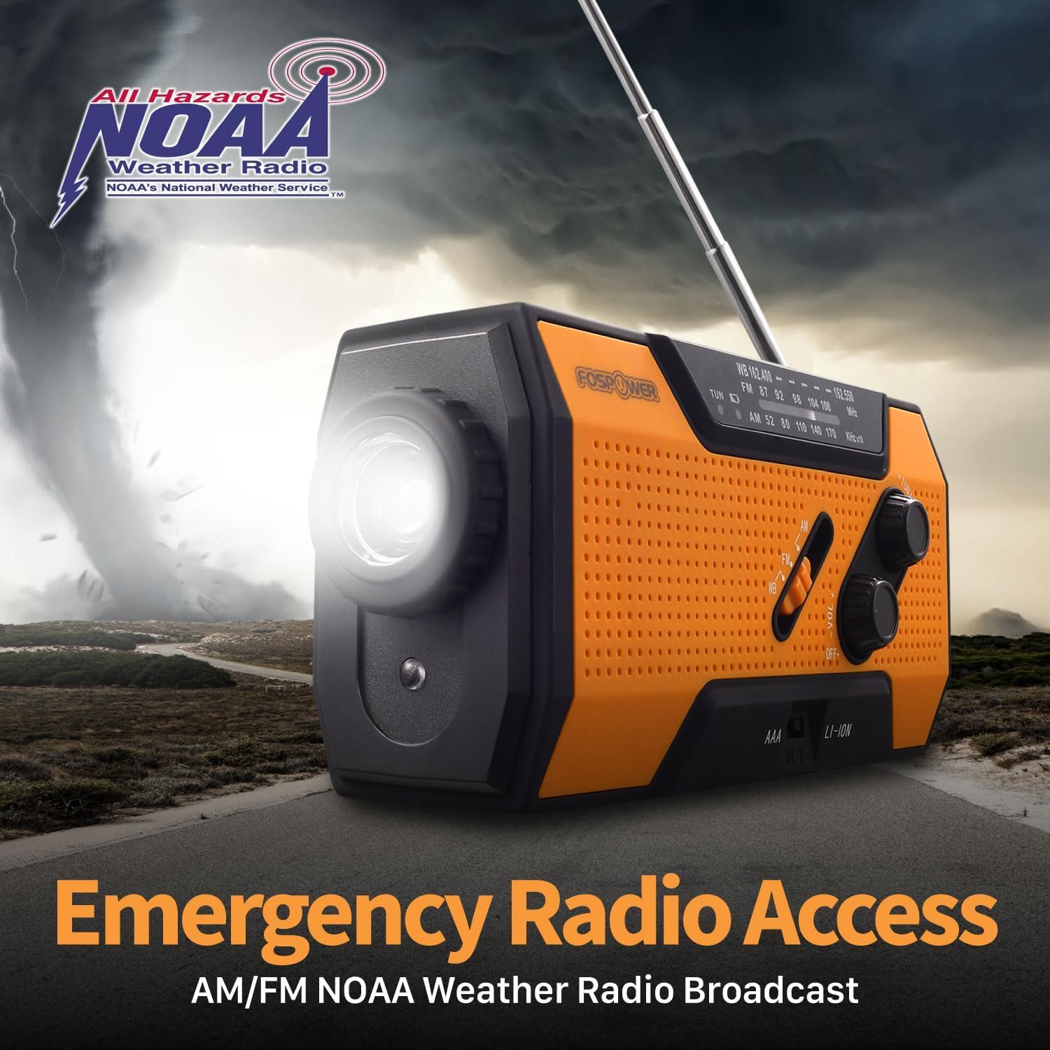 FosPower NOAA Emergency Weather Radio A1 7400mWh Portable Power Bank, AM/FM, USB/Solar/Hand Crank Charging, Battery Operated, SOS Alarm & Flashlight for Indoor/Outdoor Emergency - Orange - eighttwentytwo92