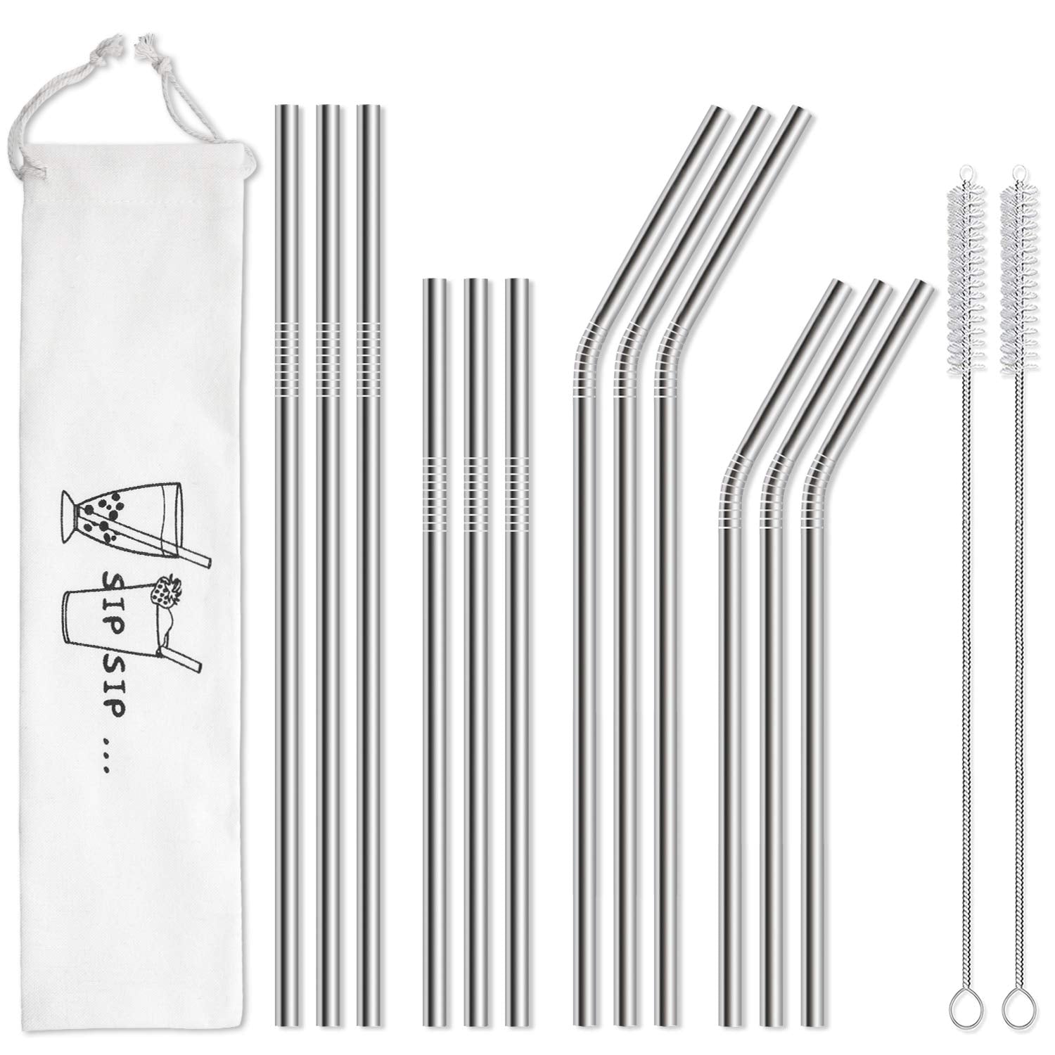 Hiware 12 - Pack Reusable Stainless Steel Metal Straws with Case - Long Drinking Straws for 30 oz and 20 oz Tumblers Dishwasher Safe - 2 Cleaning Brushes Included - eighttwentytwo92
