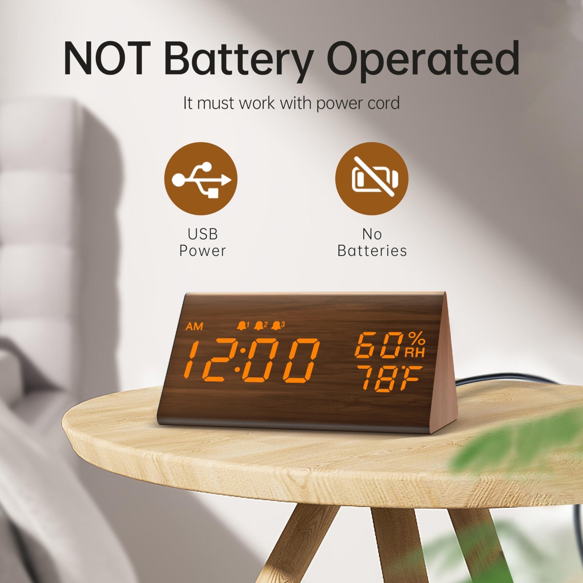 JALL Digital Alarm Clock, with Wooden Electronic LED Time Display, 3 Alarm Settings, Humidity & Temperature Detect, Wood Made Electric Clocks for Bedroom, Bedside (Brown) - eighttwentytwo92