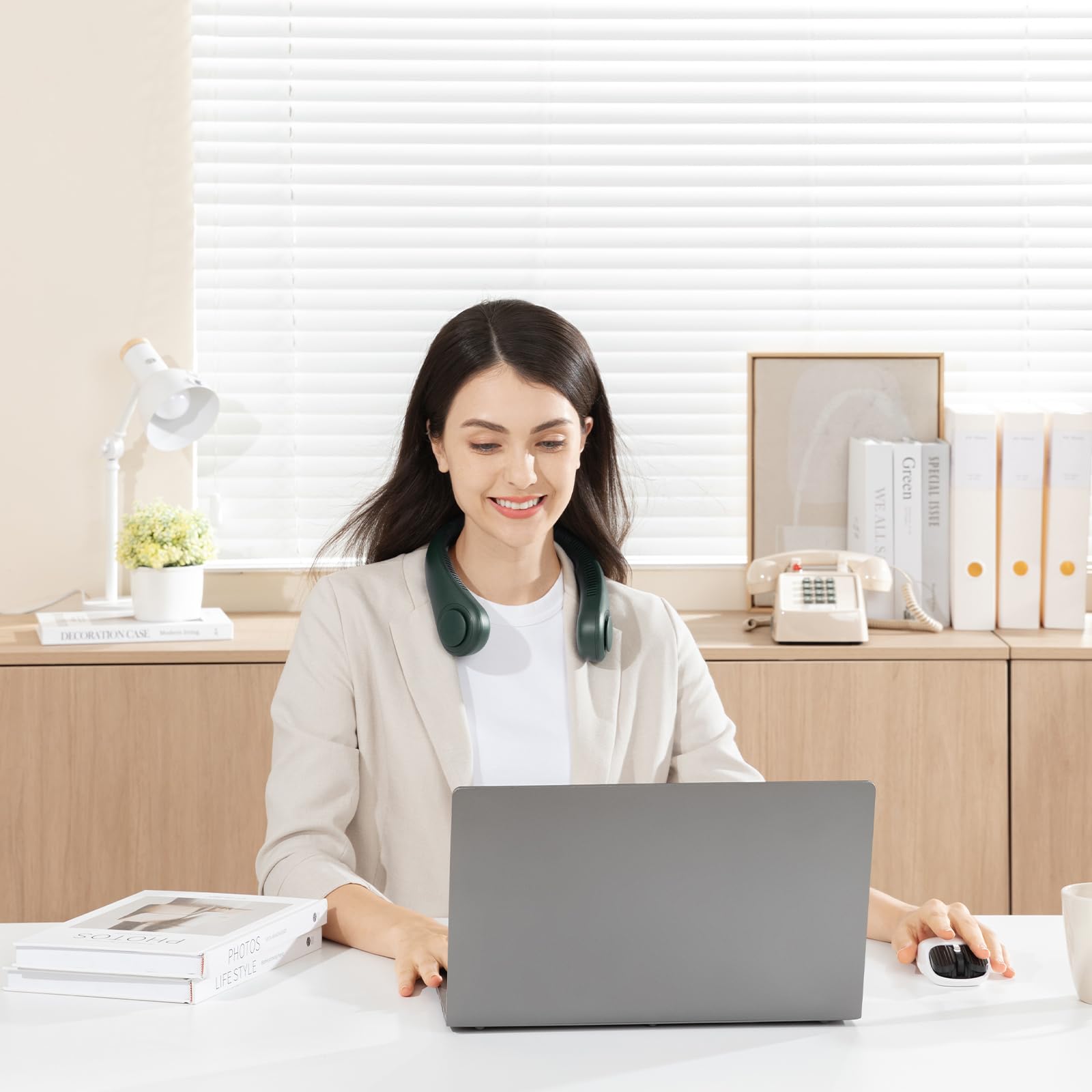 JISULIFE Portable Neck Fan, Hands Free Bladeless Fan, 5 Speeds, 4000 mAh Battery Operated Wearable Personal Fan, Twistable, Rechargeable, Gift for Women Men - Dark Green - eighttwentytwo92