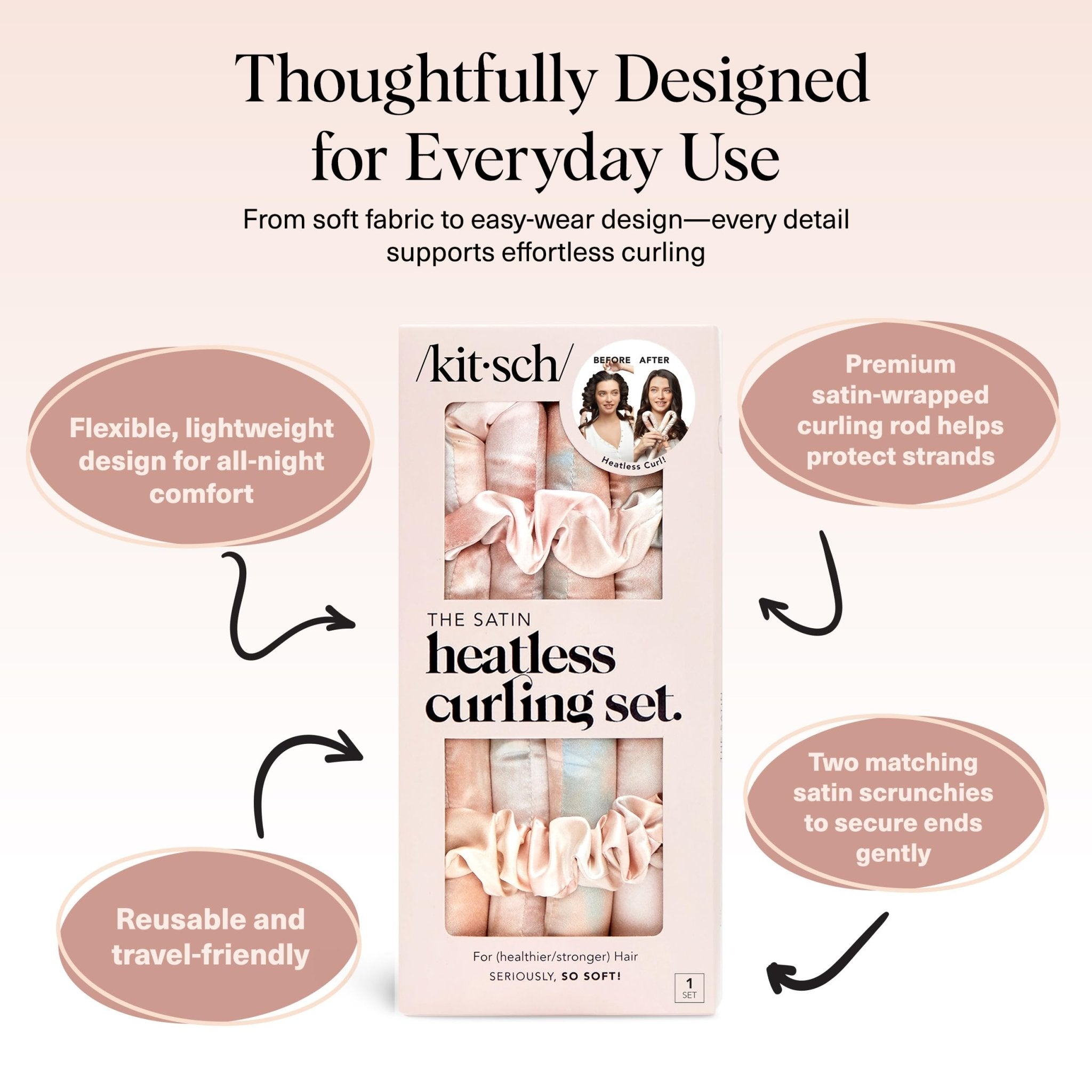 Kitsch Satin Heatless Curling Set – Heatless Curls Overnight with 34" Hair Curler & 2 Satin Scrunchies – Comfortable Hair Curlers to Sleep In for Frizz - Free, No Heat Damage Styling - Sunset Tie Dye - eighttwentytwo92