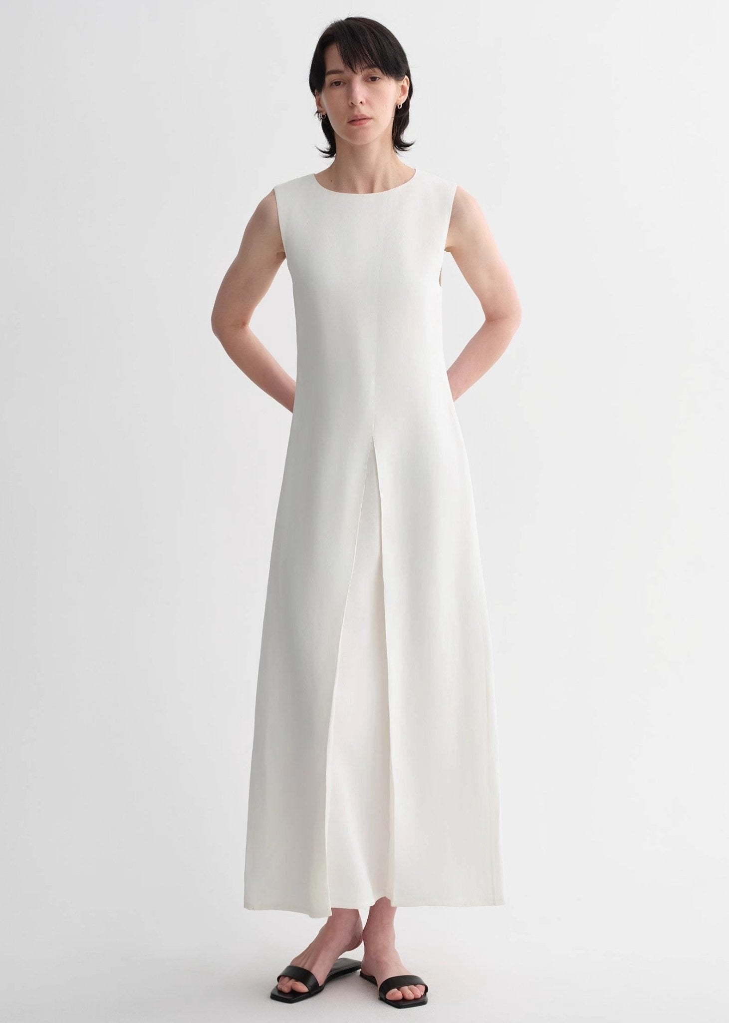Mulberry Silk Sleeveless Round Neck Oblique Pleated A - Line White Dress - eighttwentytwo92