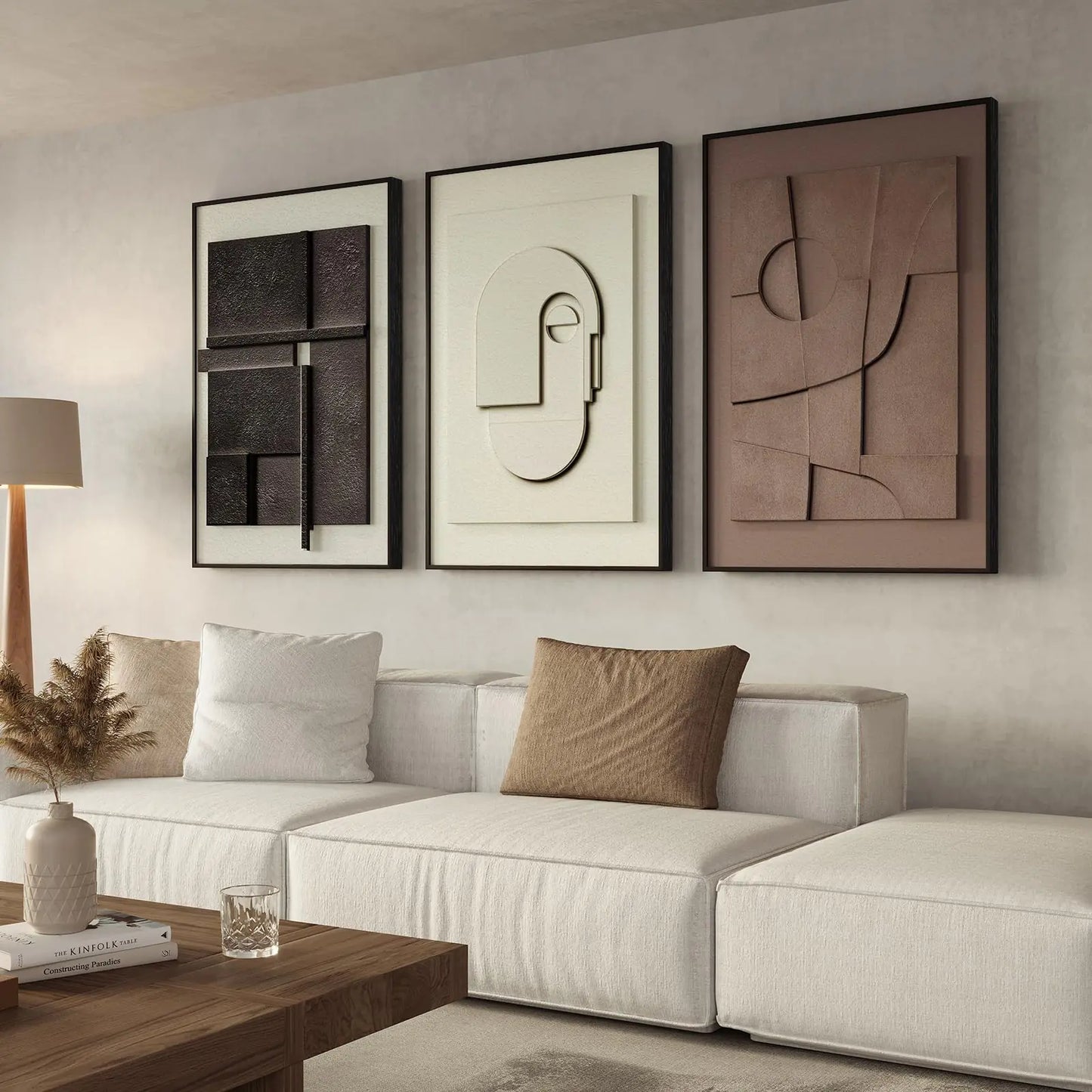 Large Framed Abstract 3D Textured Wall Art for Living Room 3-Piece Modern Neutral Artwork for Walls Geometric Brown White Textured Wall Art Big Size Sandstone Painting Prints for Meeting Room Hallway Home Office 24x36 Inch