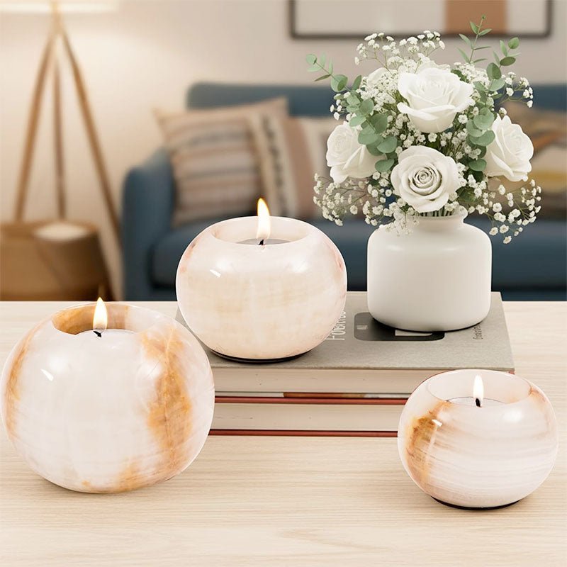 Polished Marble Tealight Candle Holders – Set of 3 Elegant Stone Decor - eighttwentytwo92