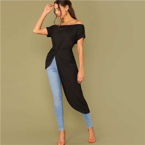 Transform your casual wardrobe with our sophisticated Black Asymmetrical Twist Off-Shoulder Top.