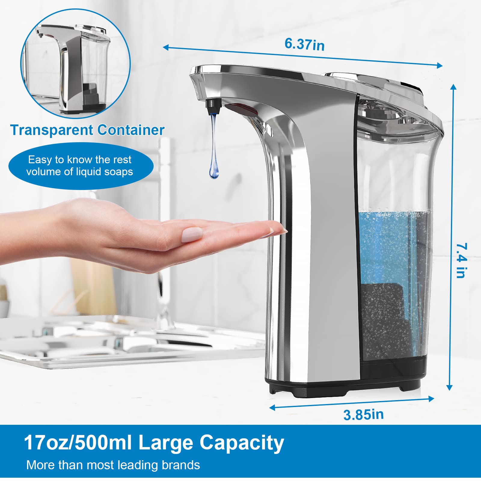 PZOTRUF Automatic Soap Dispenser, Touchless Dish Soap Dispenser 17oz/500ml with Infrared Sensor, 5 Adjustable Soap Levels, Liquid Dispenser for Bathroom Kitchen (Silver) - eighttwentytwo92