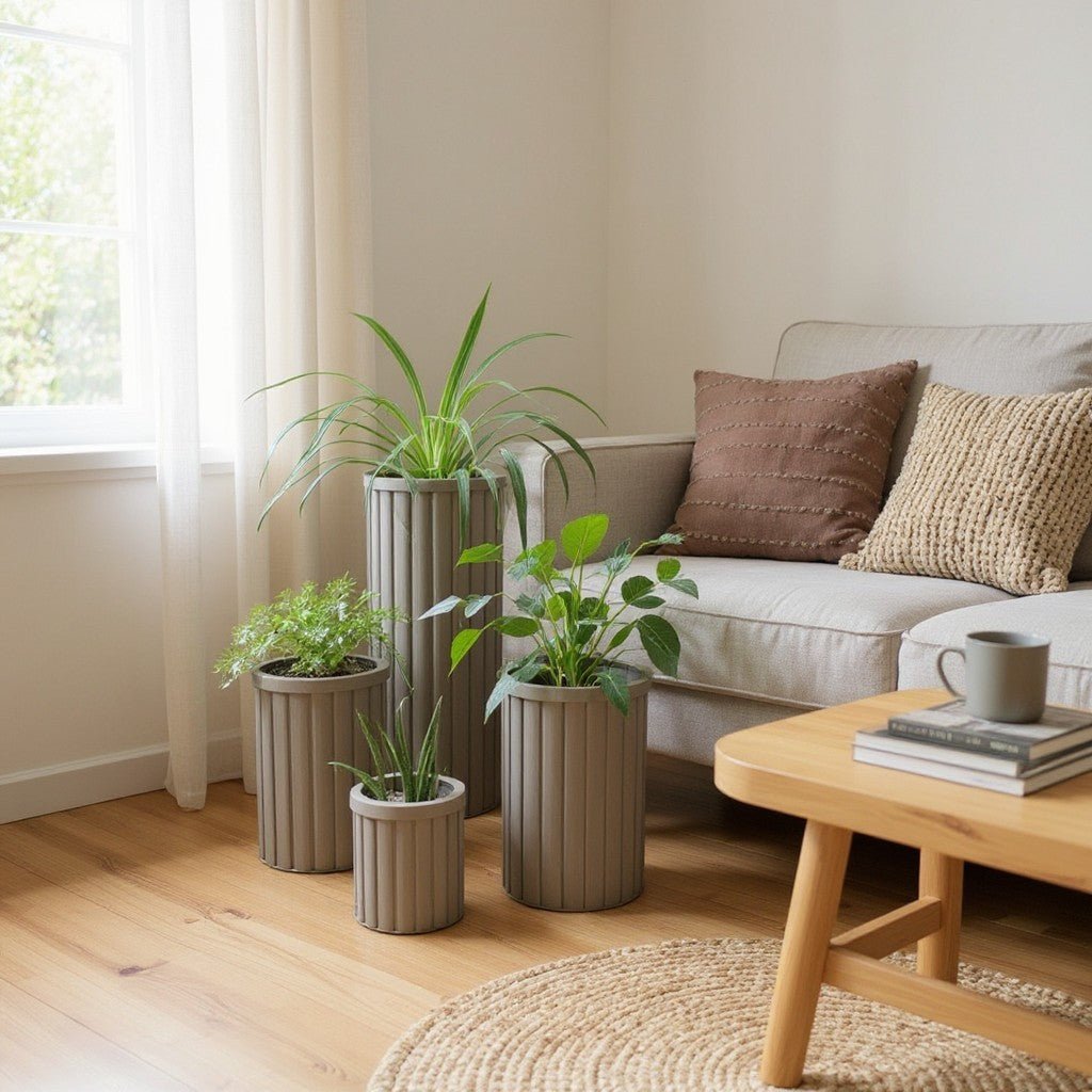 Round Strata Column Planter – Small Decorative Fluted Wood - Grain Indoor Plant Pot - eighttwentytwo92