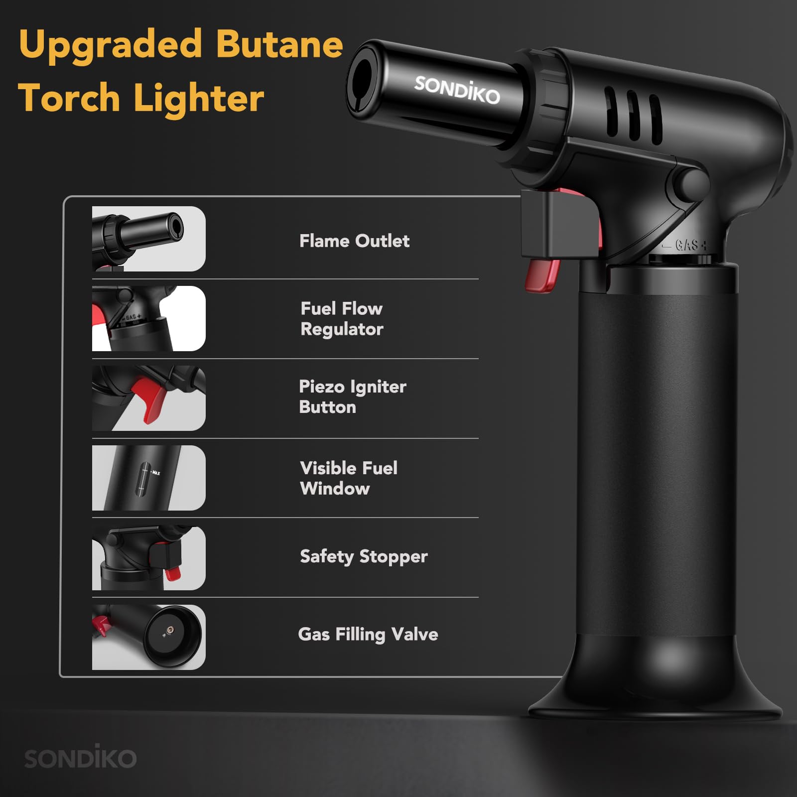 Sondiko Butane Torch Lighter with Visible Fuel Window, Refillable Soldering Torch with Adjustable Flame for Welding, Resin Art, Industrial(Butane Gas Not Included) - eighttwentytwo92