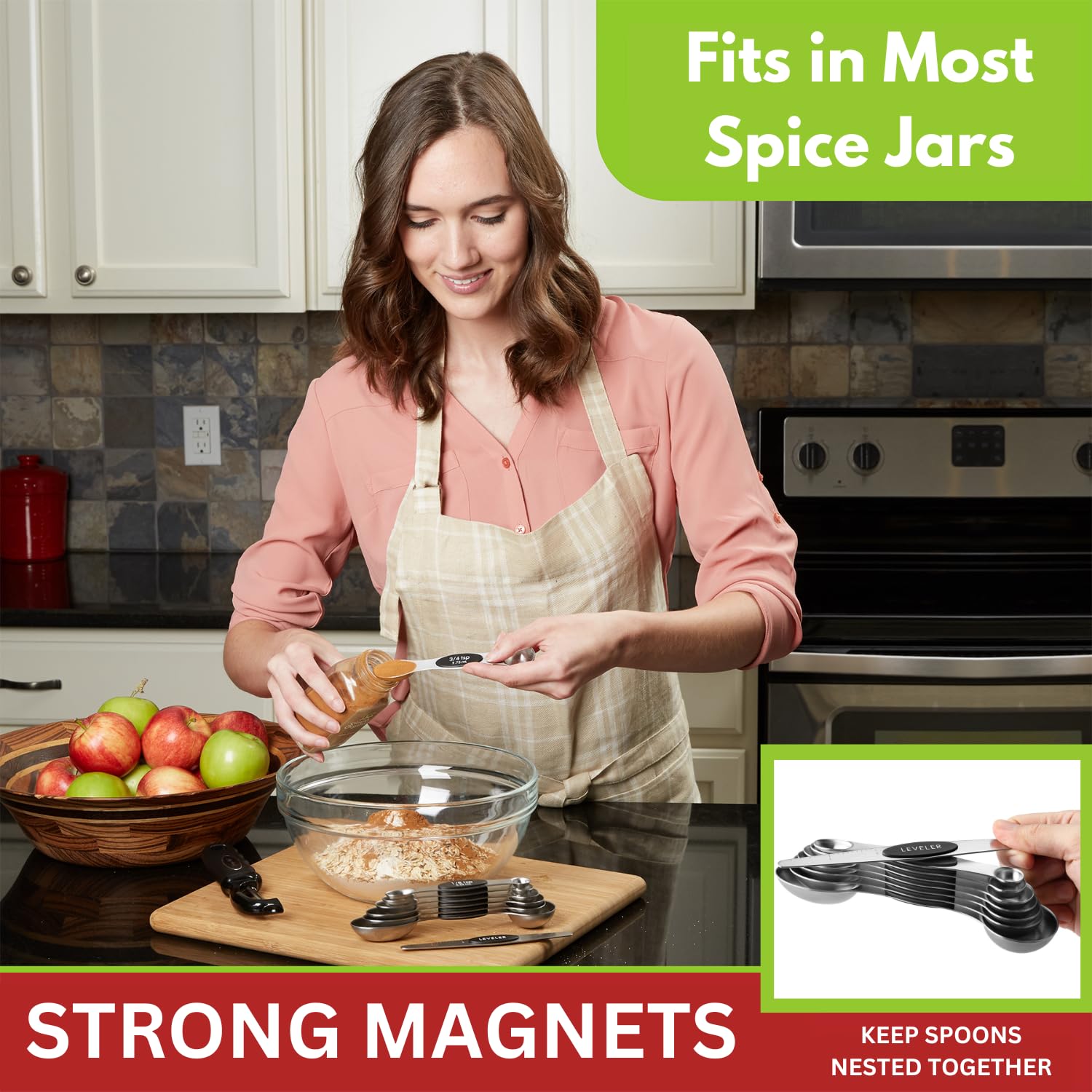 Spring Chef Stainless Steel Magnetic Measuring Spoons Set with Strong N45 Magnets, Heavy Duty Metal Kitchen Gadgets for Baking & Cooking, Fits in Most Kitchen Spice Jars, Set of 8 with Leveler, Black - eighttwentytwo92