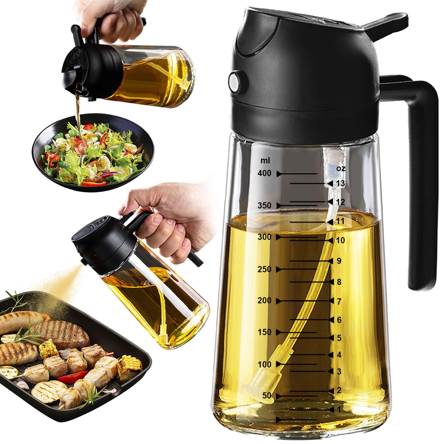 TrendPlain 16oz/470ml Glass Olive Oil Sprayer for Cooking – 2 in 1 Olive Oil Dispenser Bottle for Kitchen Gadgets and Air Fryer Accessories, Salad, BBQ - Black - eighttwentytwo92