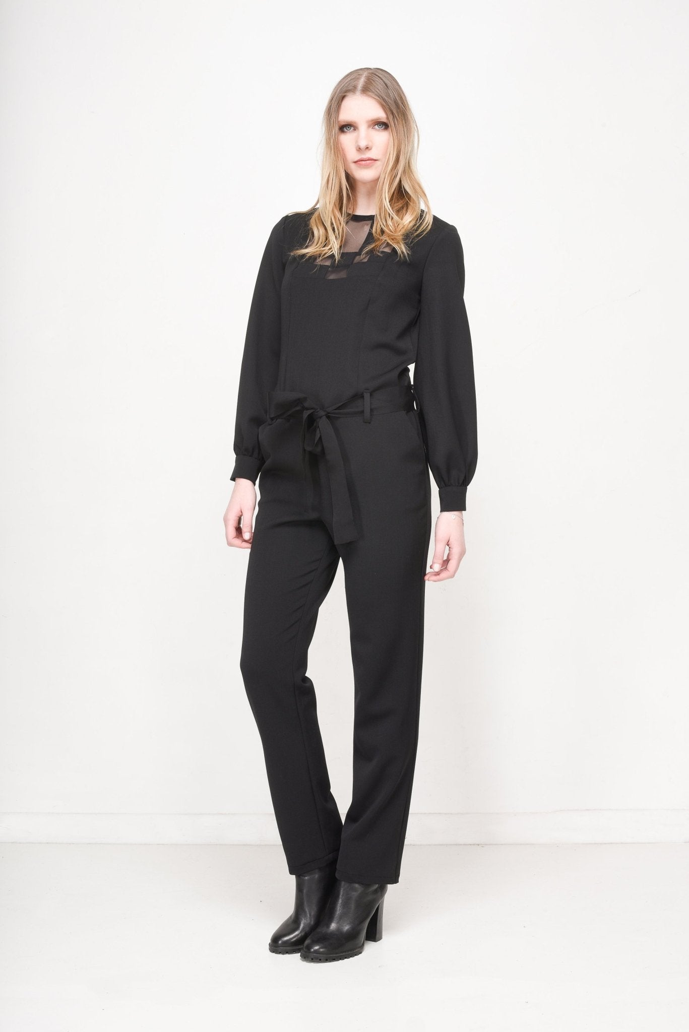 Women’s Black Long - Sleeve Tie - Waist Jumpsuit – Elegant Formal Wear - eighttwentytwo92