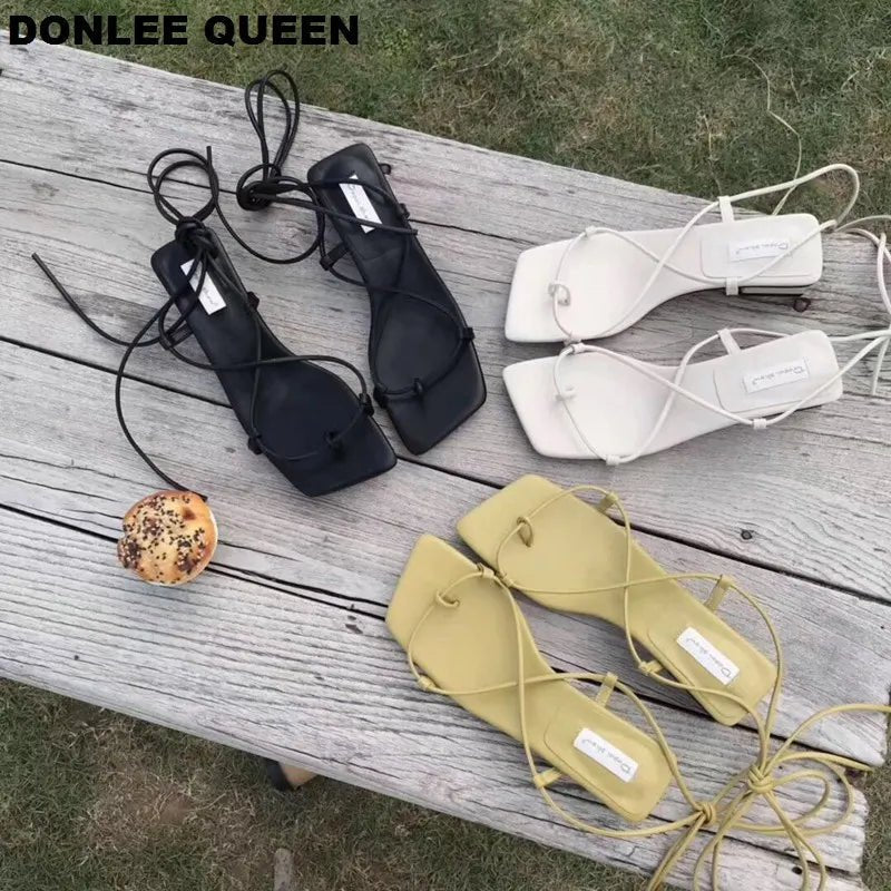 Women’s Low Heel Lace - Up Sandals – Square Toe Wrap Strap Design - eighttwentytwo92