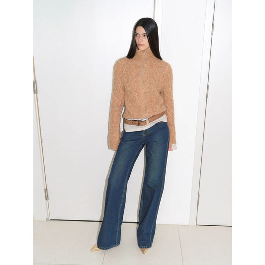 Fitted High-Neck Zipper Knit Cardigan – Angora Mohair Wool Blend, Slim Fit
