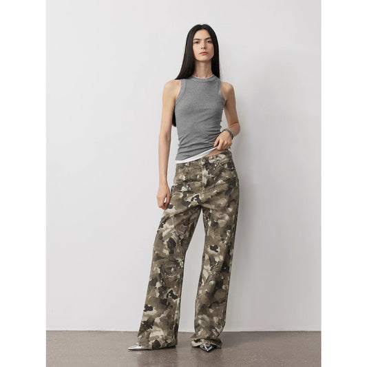 "Camouflage Charm " Cool, Trendy, Unique, and Personalized Original Camouflage Print Washed Loose Straight-Leg Denim Jea