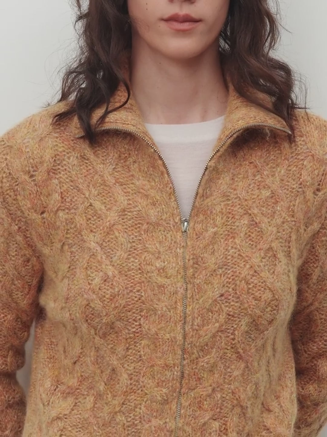 Fitted High-Neck Zipper Knit Cardigan – Angora Mohair Wool Blend, Slim Fit