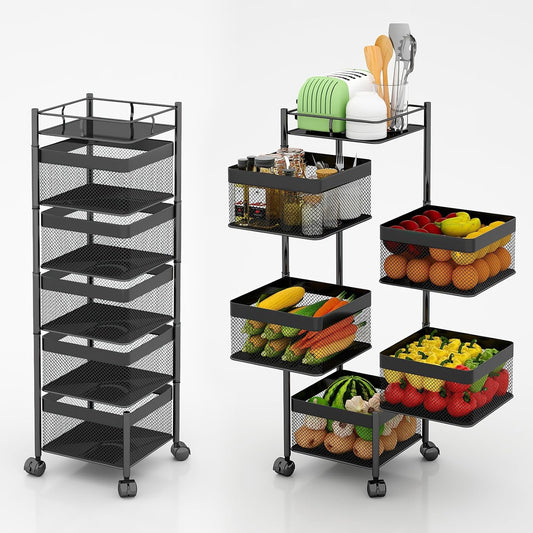 Fruit and Vegetable Basket for Kitchen No Assembly��� Rotating Kitchen Storage Rack,Bathroom Storage Shelf, Kitchen Organizers and Storage Cart on Rolling Wheels(Black, 5 Tier-Square)