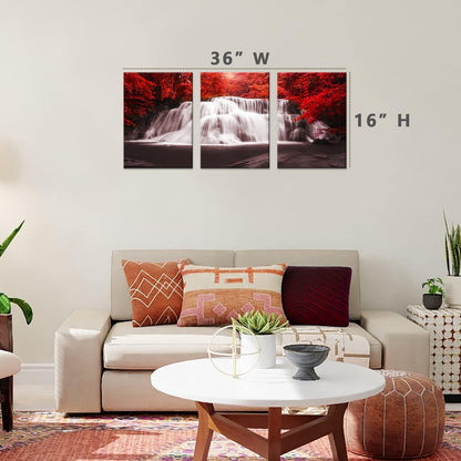 Waterfall - Wall Art Painting Black White Red Landscape Canvas Wall Art 3 Pieces,Red Trees Forest Picture Prints for Home-Office - Canvas Art Wall Art for Living Room 12X16Inchx3Pcs