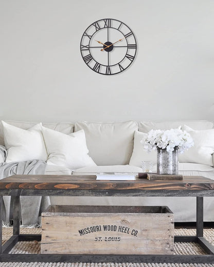 18 Inch Large Wall Clock, Silent Non Ticking Battery Operated Roman Numeral Wall Clock, Industrial Metal Indoor Outdoor Analog Clock for Living Room, Kitchen, Pool, Patio Decor - Black