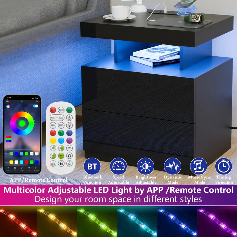 Brenard Manufactured Wood Nightstand with Wireless Charging Station, LED Light and 2 Drawers
