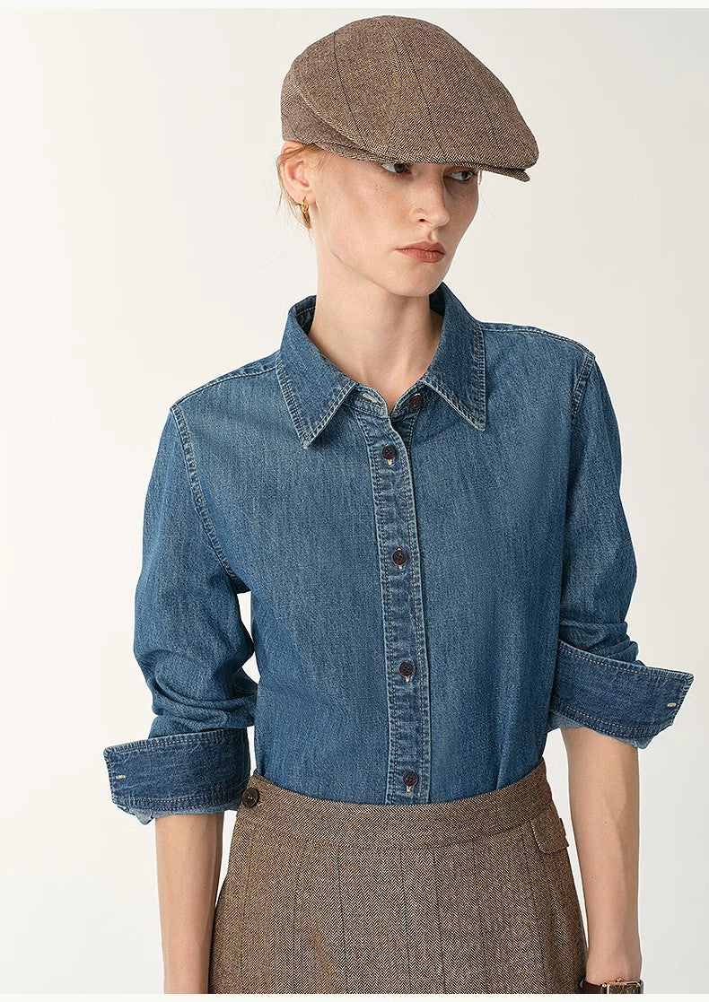 Italian Imported BERTO Denim Classic Old Money Style Lapel Shirt for Women