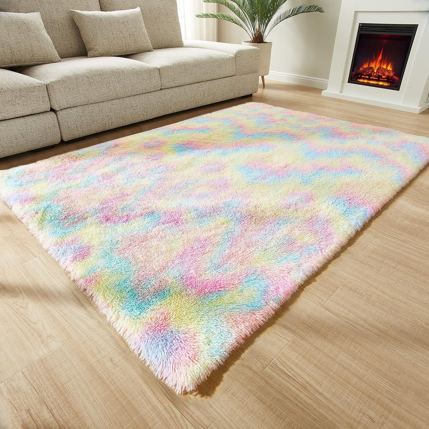 round Rainbow Rug, 4Ft Fluffy Shag Fuzzy Soft Circular Rug for Bedroom, Nursery, Kids Room, Indoor Plush Shaggy Furry Home Decor
