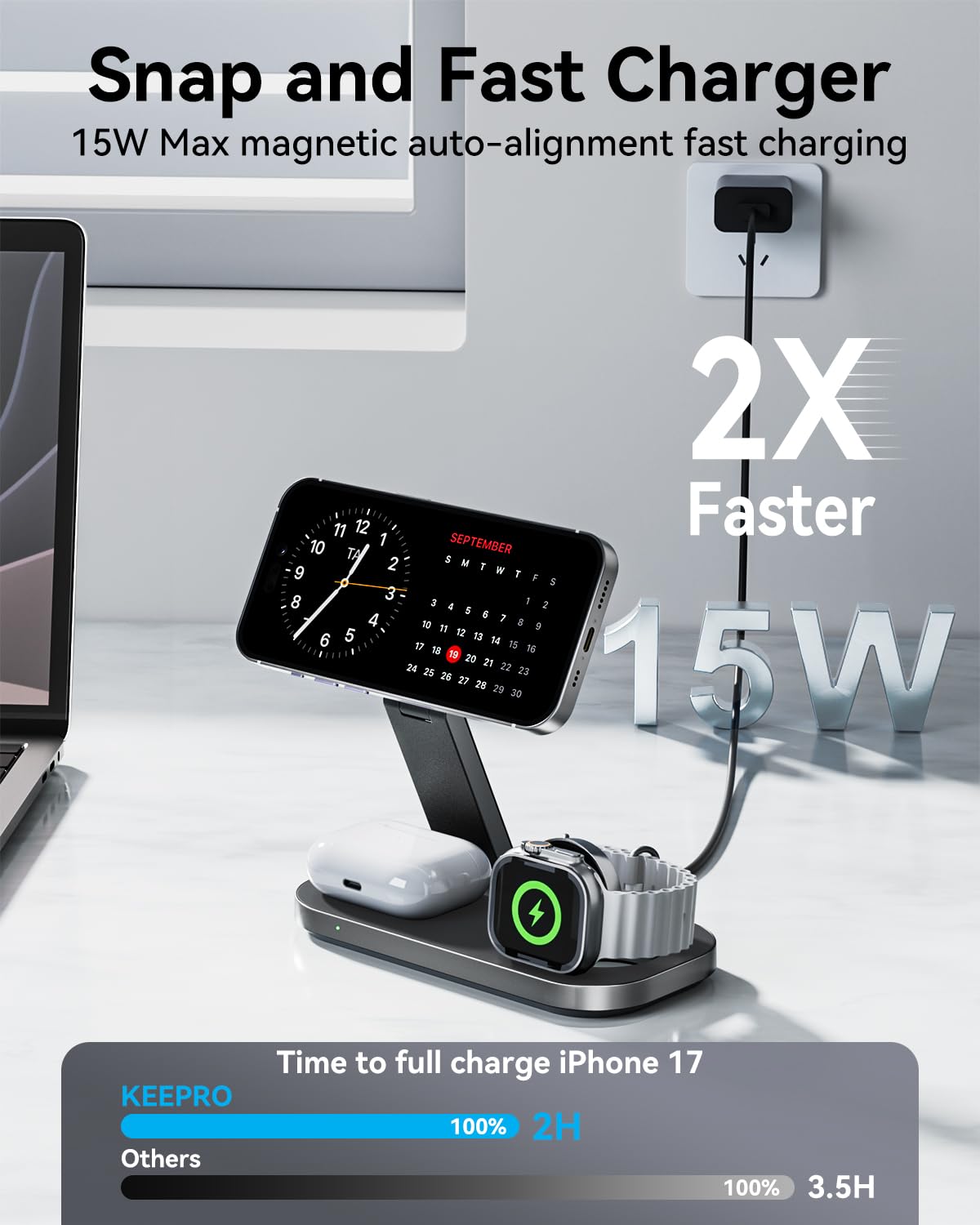3 in 1 Wireless Charging Station for Apple Devices, Magnetic Foldable Fast Charger Stand Compatible with MagSafe for iPhone Air/17/16/15/14/13/12 Series, Apple Watch & AirPods Pro/4/3/2 - eighttwentytwo92