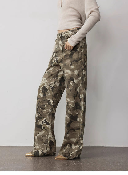 "Camouflage Charm " Cool, Trendy, Unique, and Personalized Original Camouflage Print Washed Loose Straight-Leg Denim Jea