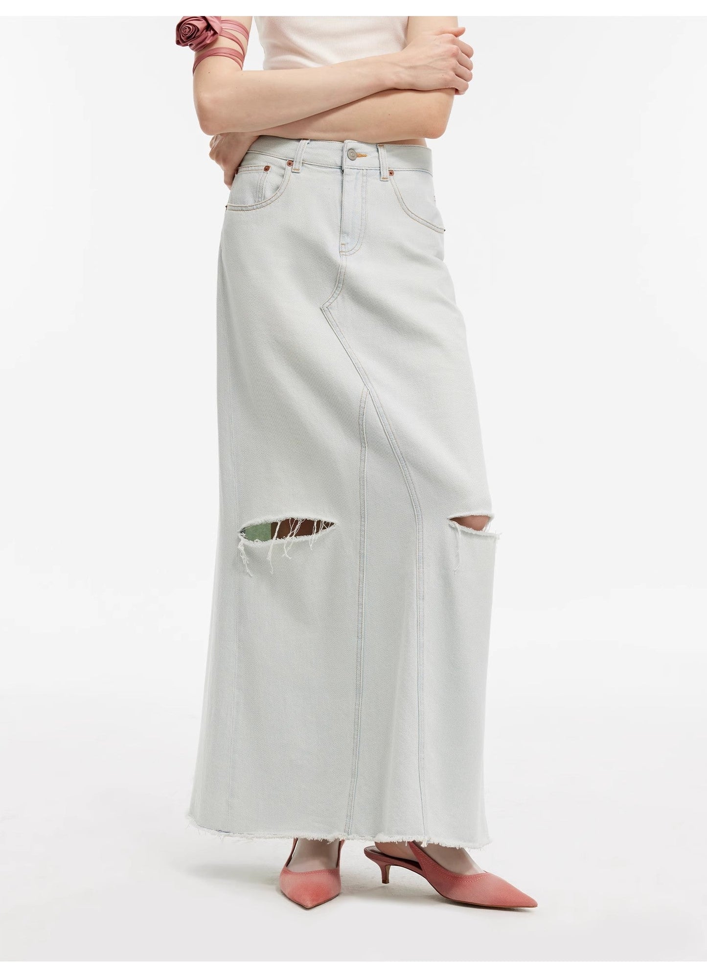 "Walden Pond" Turkish Imported Wash-Faded Distressed Hole Denim A-Line Skirt