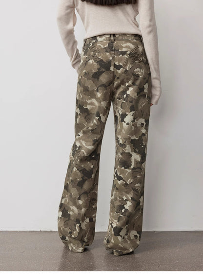 "Camouflage Charm " Cool, Trendy, Unique, and Personalized Original Camouflage Print Washed Loose Straight-Leg Denim Jea