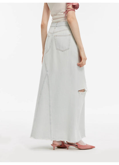 "Walden Pond" Turkish Imported Wash-Faded Distressed Hole Denim A-Line Skirt