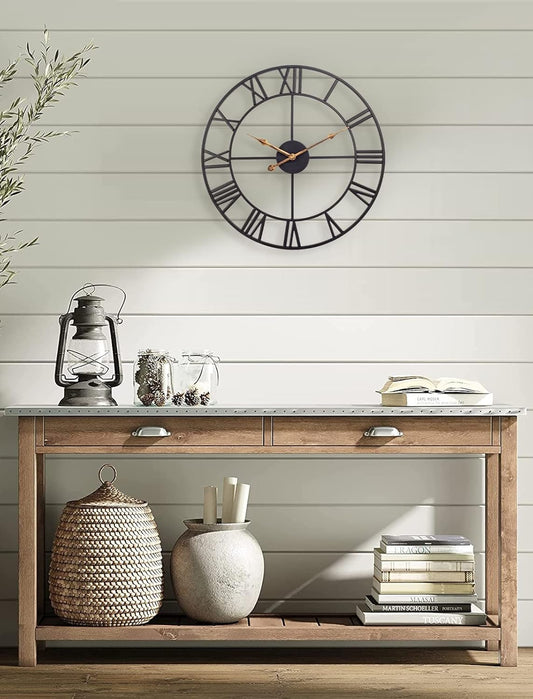 18 Inch Large Wall Clock, Silent Non Ticking Battery Operated Roman Numeral Wall Clock, Industrial Metal Indoor Outdoor Analog Clock for Living Room, Kitchen, Pool, Patio Decor - Black