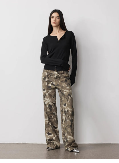 "Camouflage Charm " Cool, Trendy, Unique, and Personalized Original Camouflage Print Washed Loose Straight-Leg Denim Jea