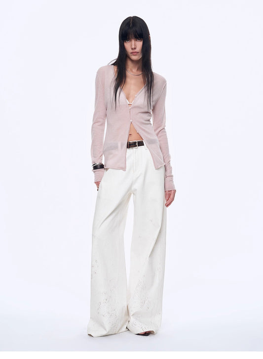 "Long Island Vacation" Wool Blend V-Neck Straight Shoulder Knitted Cardigan Spring