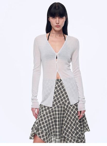 "Long Island Vacation" Wool Blend V-Neck Straight Shoulder Knitted Cardigan Spring